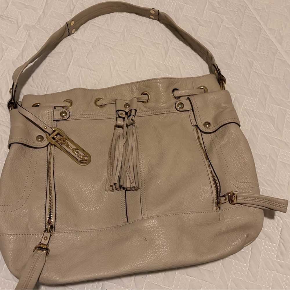 B Markowski Cream Leather Shoulder Bag with Tassel Accent